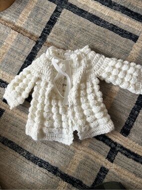 Handmade White Bubble Crochet Baby Cardigan with Ribbon Tie